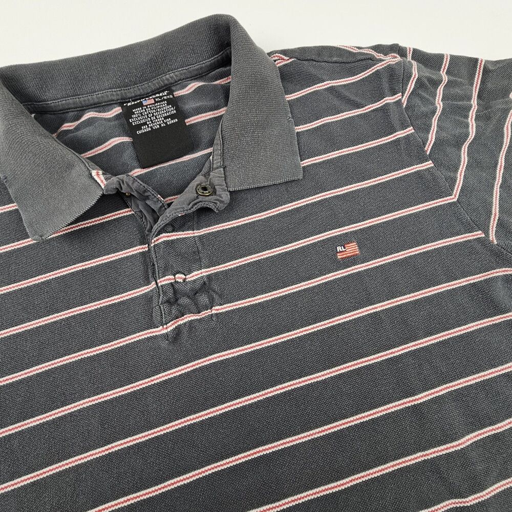 Polo Jeans Ralph Lauren Polo Shirt Mens XL Gray Striped Distressed Y2K Flag